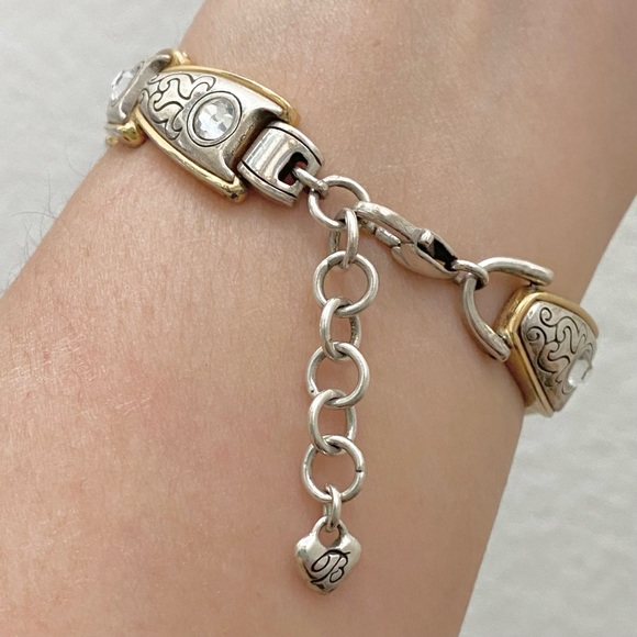 Retired Vintage BRIGHTON 2-tone Gold & Silver Rhinestone Ornate Link Bracelet - Picture 3 of 16